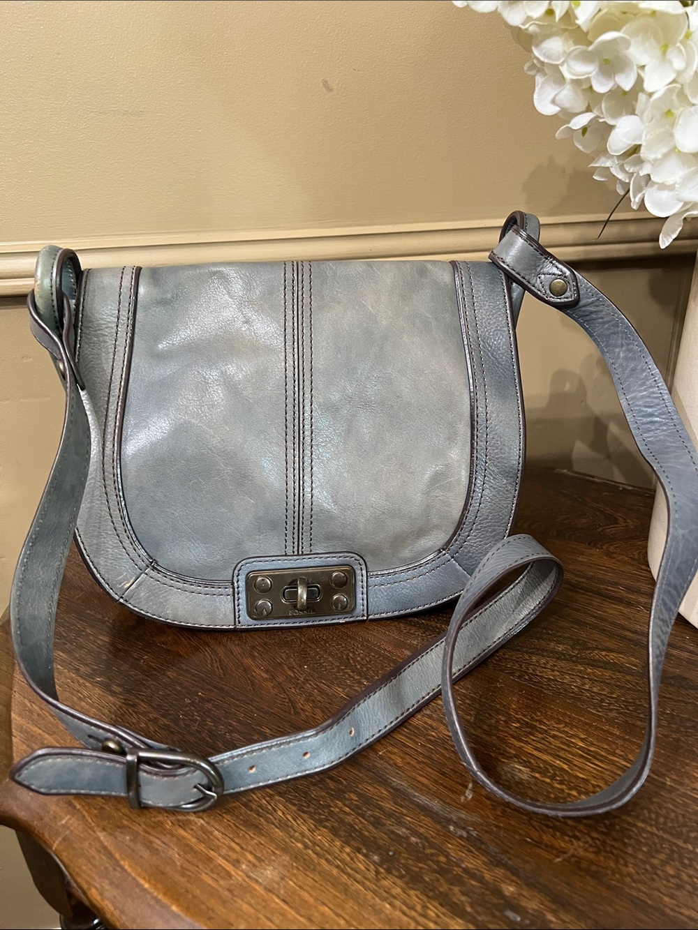 Vintage Fossil Blue Leather Crossbody Saddle Bag